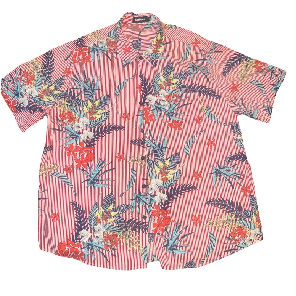 VATPAVE Red Striped Floral Button Up Hawaiian Short Sleeve Aloha Shirt Mens XL